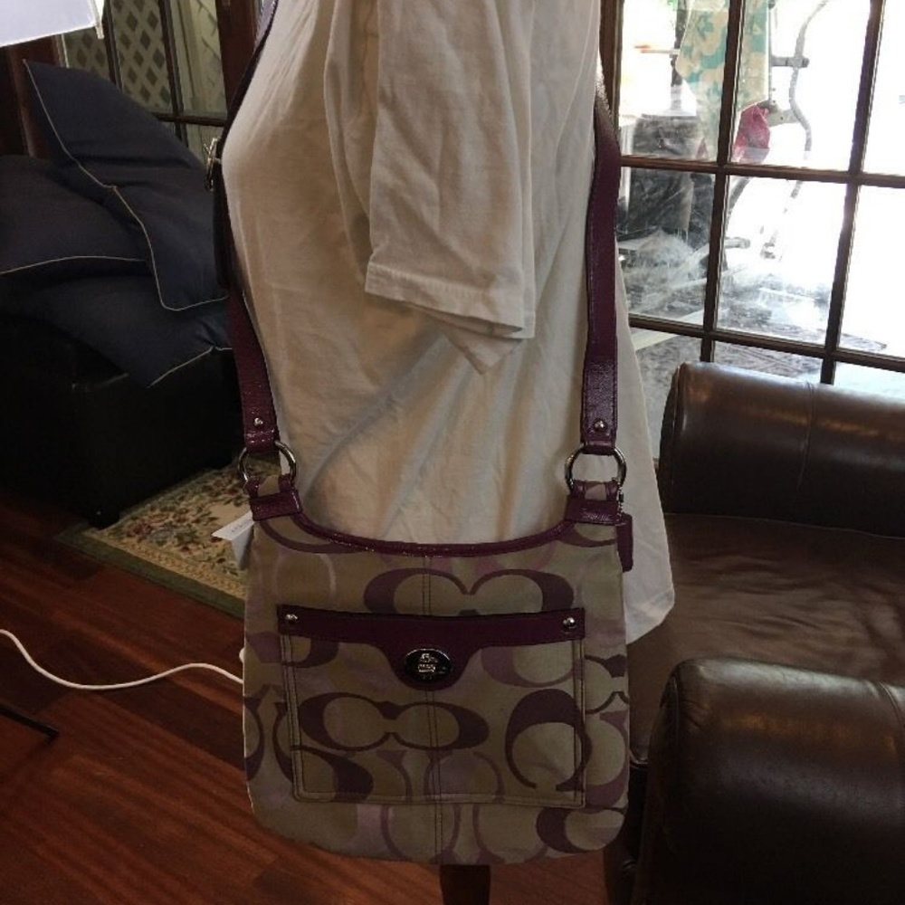 Coach Signature Crossbody Shoulder Bag in Purple and Tan